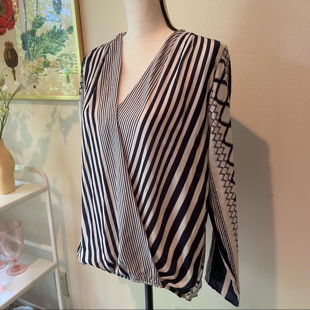Navy and White Contrasting Print Wrap Top